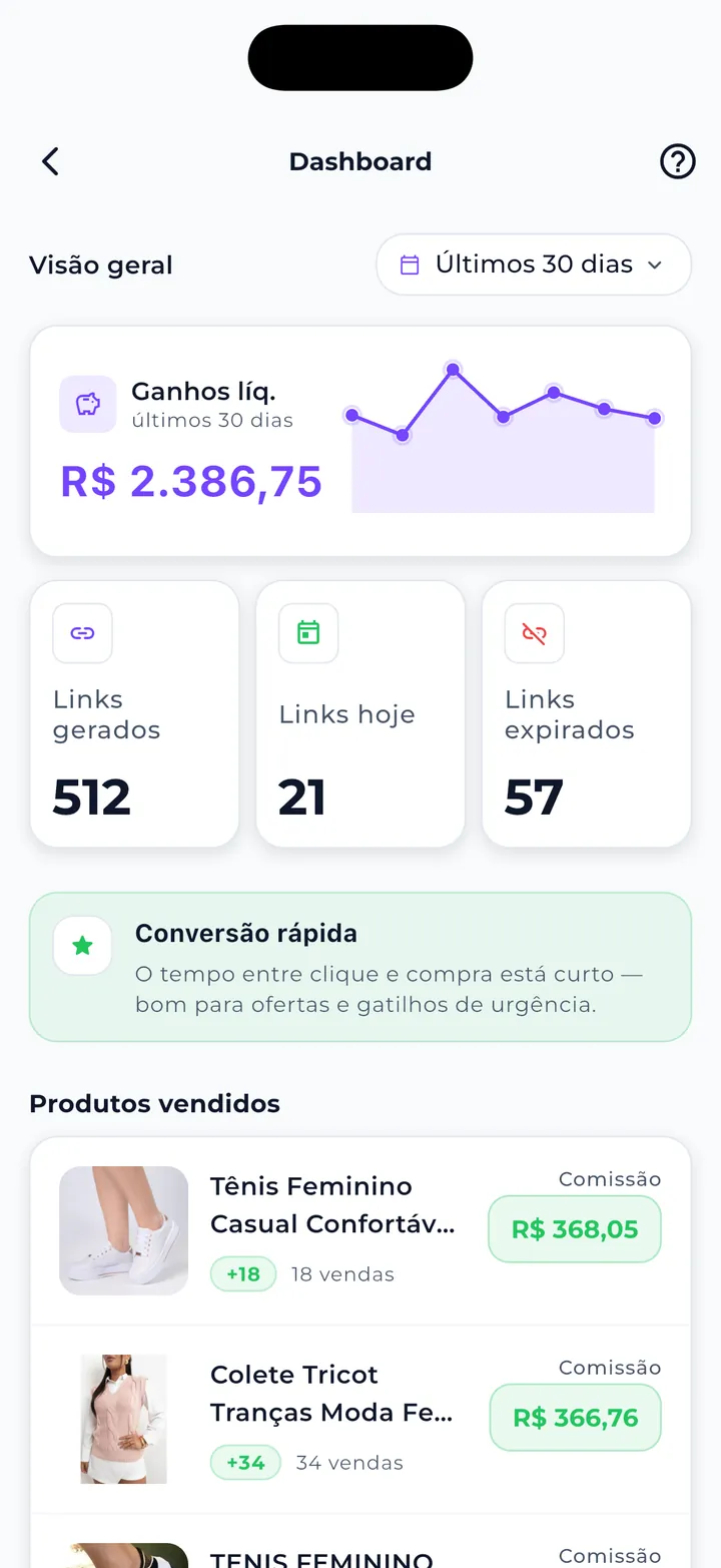 Tela de dashboard do app Mega Afiliado com métricas da operação dos últimos 30 dias