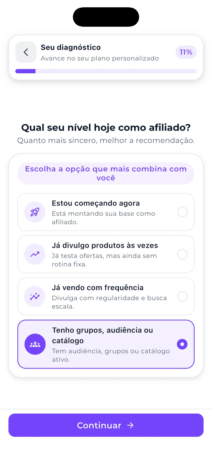 Tela de diagnóstico de perfil de afiliado dentro do app Mega Afiliado, com opções e barra de progresso