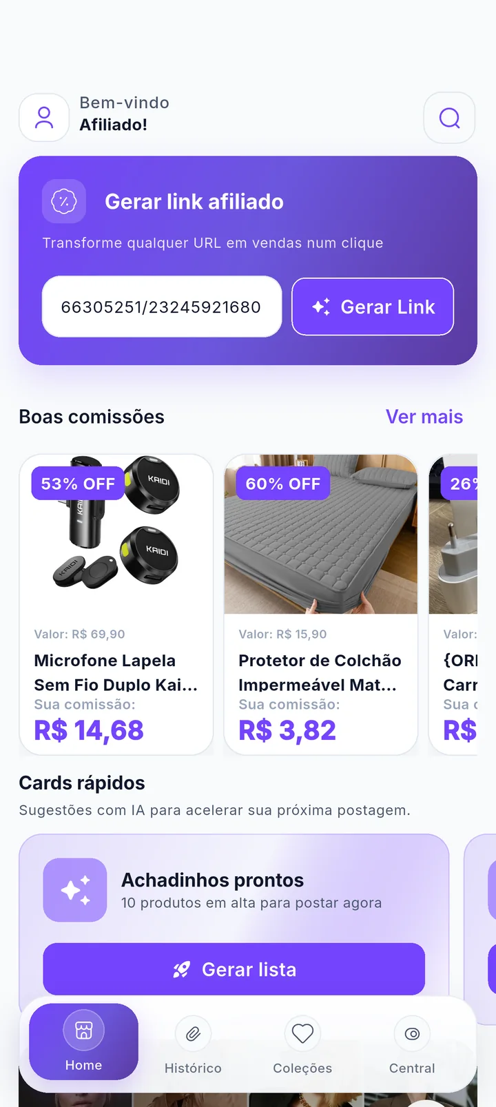 Card Gerar link afiliado com URL de produto da Shopee colada