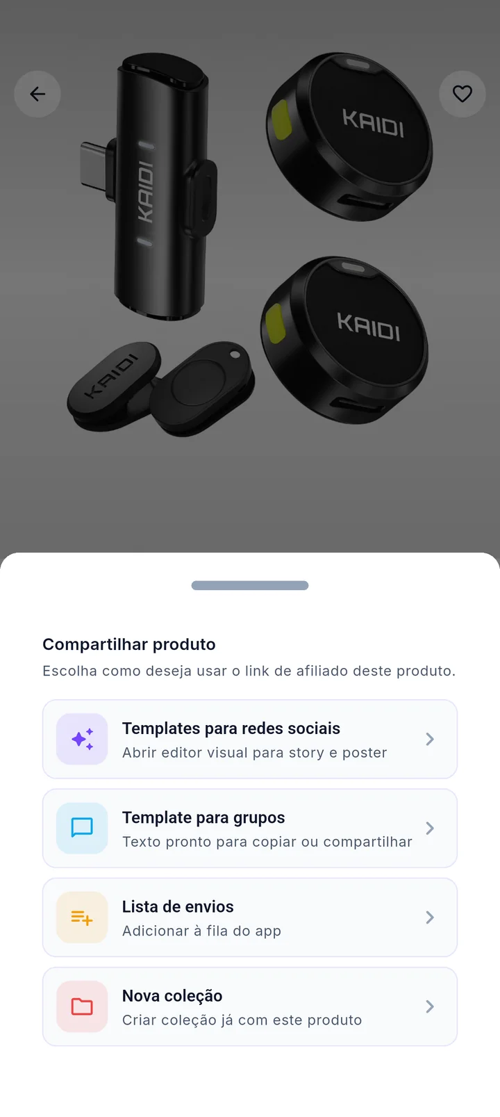 Menu Compartilhar produto com opções de template, texto pronto, lista de envios e coleção