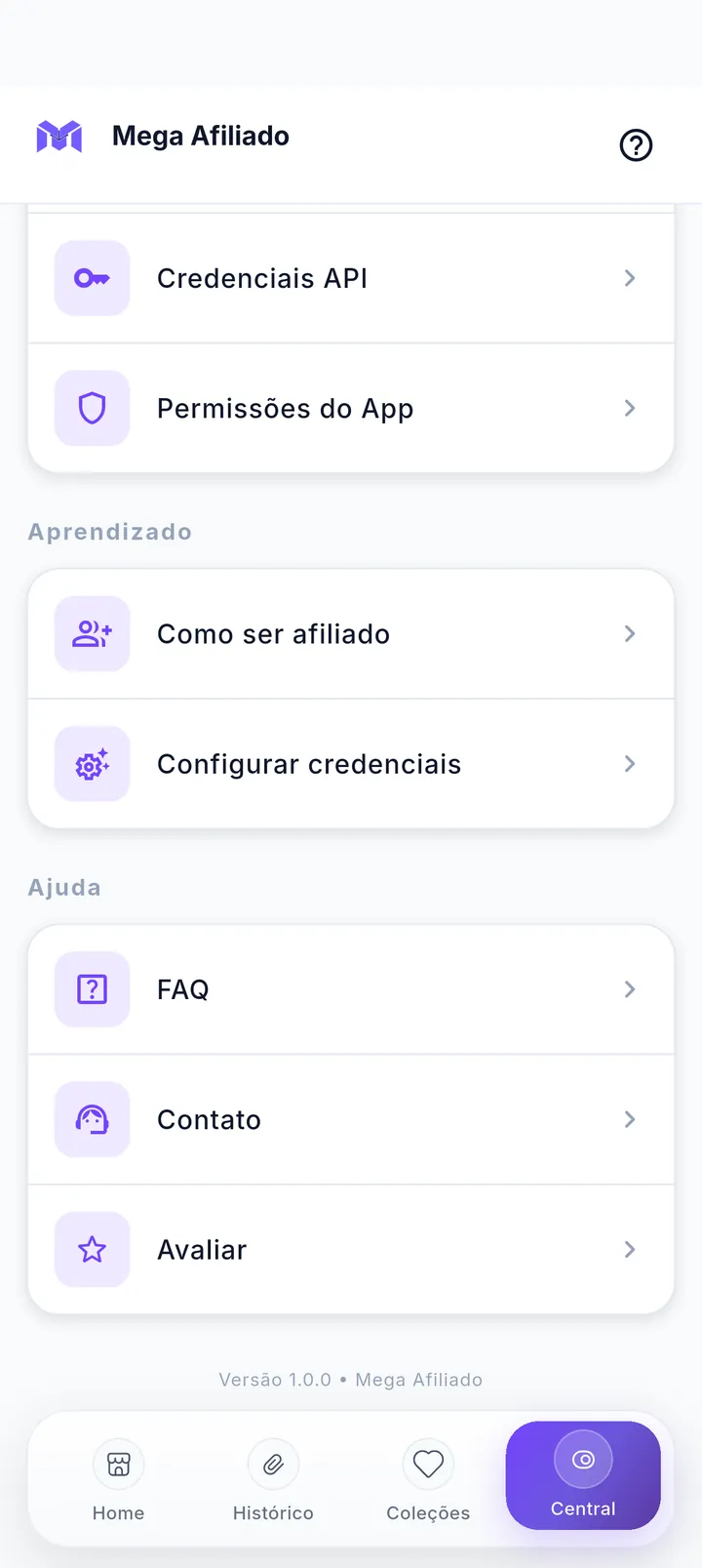 Seção Aprendizado da Central com os itens Como ser afiliado e Configurar credenciais