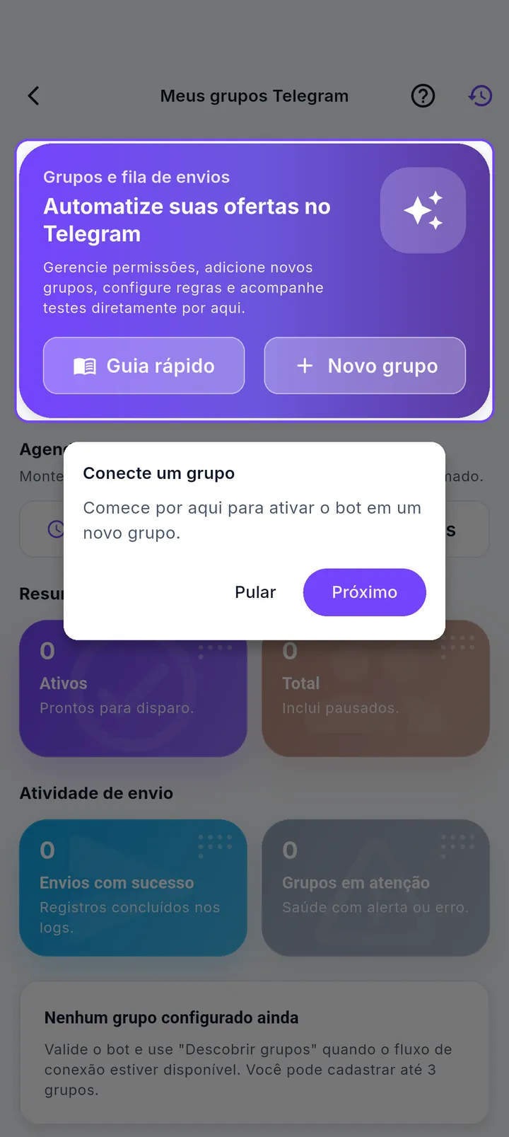 Hub Meus grupos Telegram com botões Guia rápido, Novo grupo e Agendar oferta