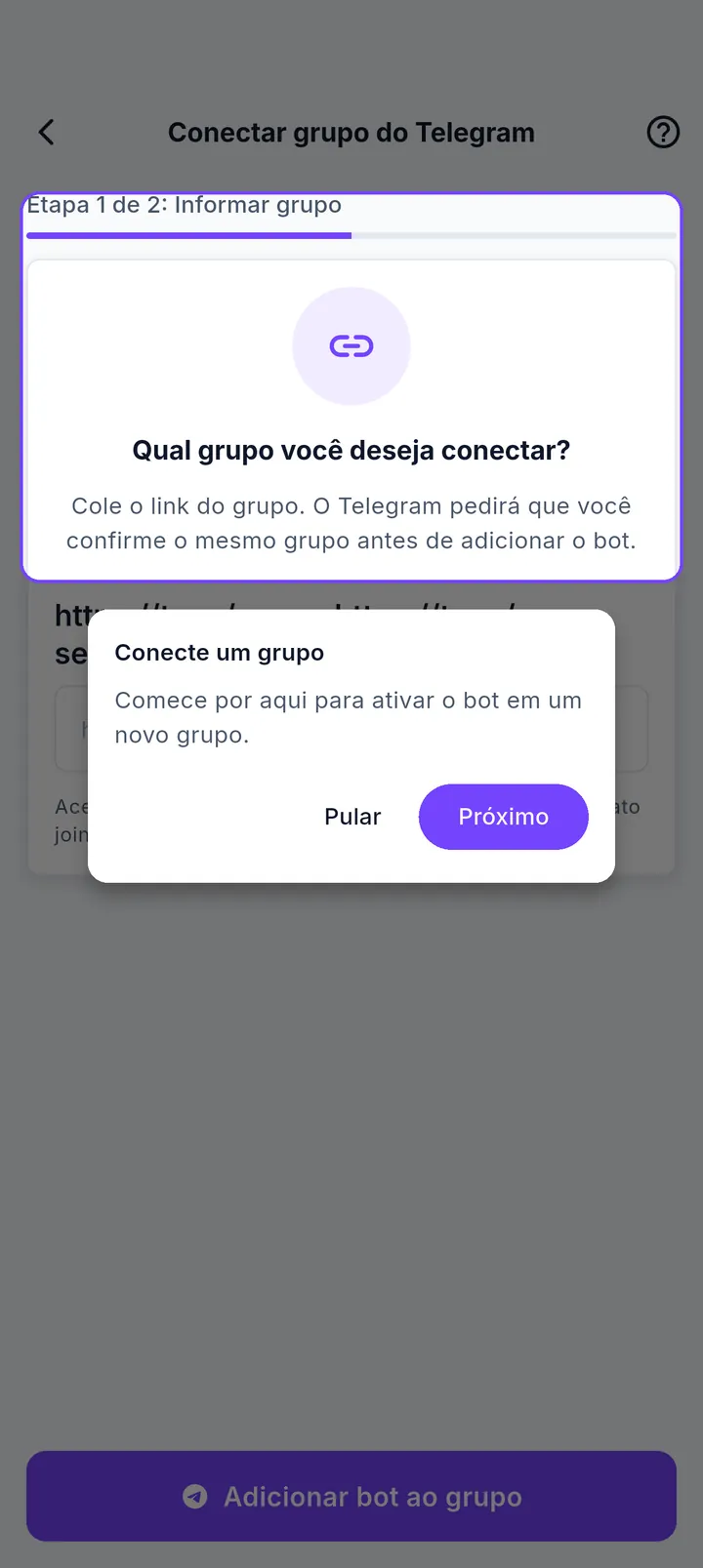 Etapa 1 do assistente Conectar grupo do Telegram com campo para colar o link