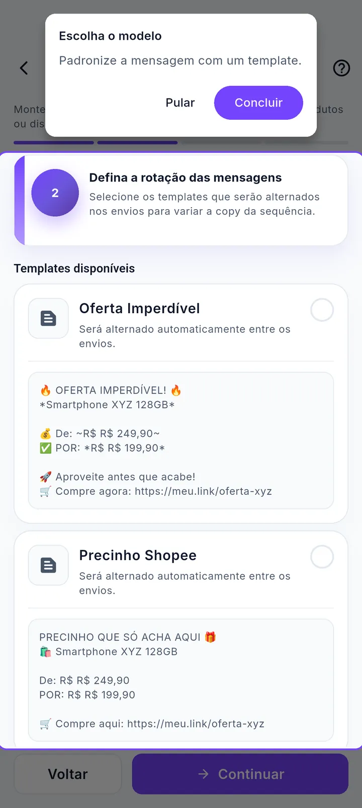Etapa de templates do agendador com modelos selecionáveis