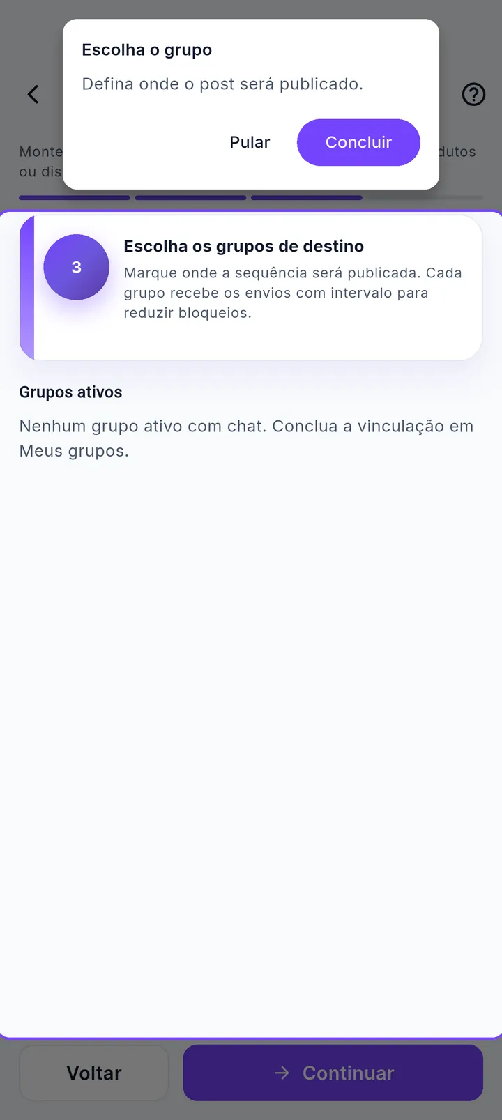 Etapa de escolha de grupos do agendador