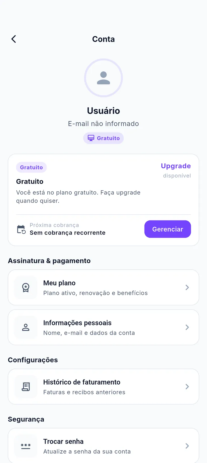 Tela Conta com plano atual e opções de gerenciamento