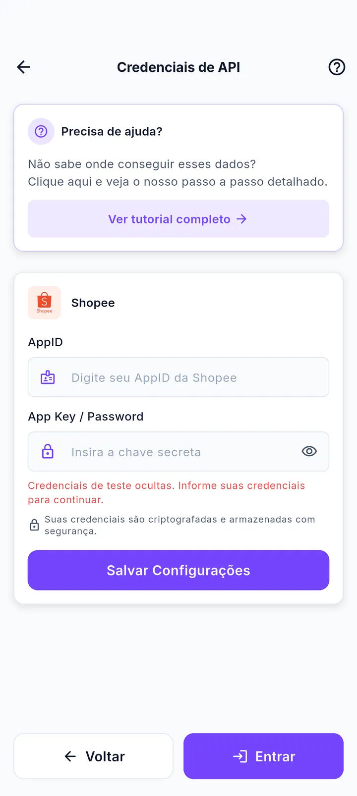 Tela Credenciais de API com campos da Shopee