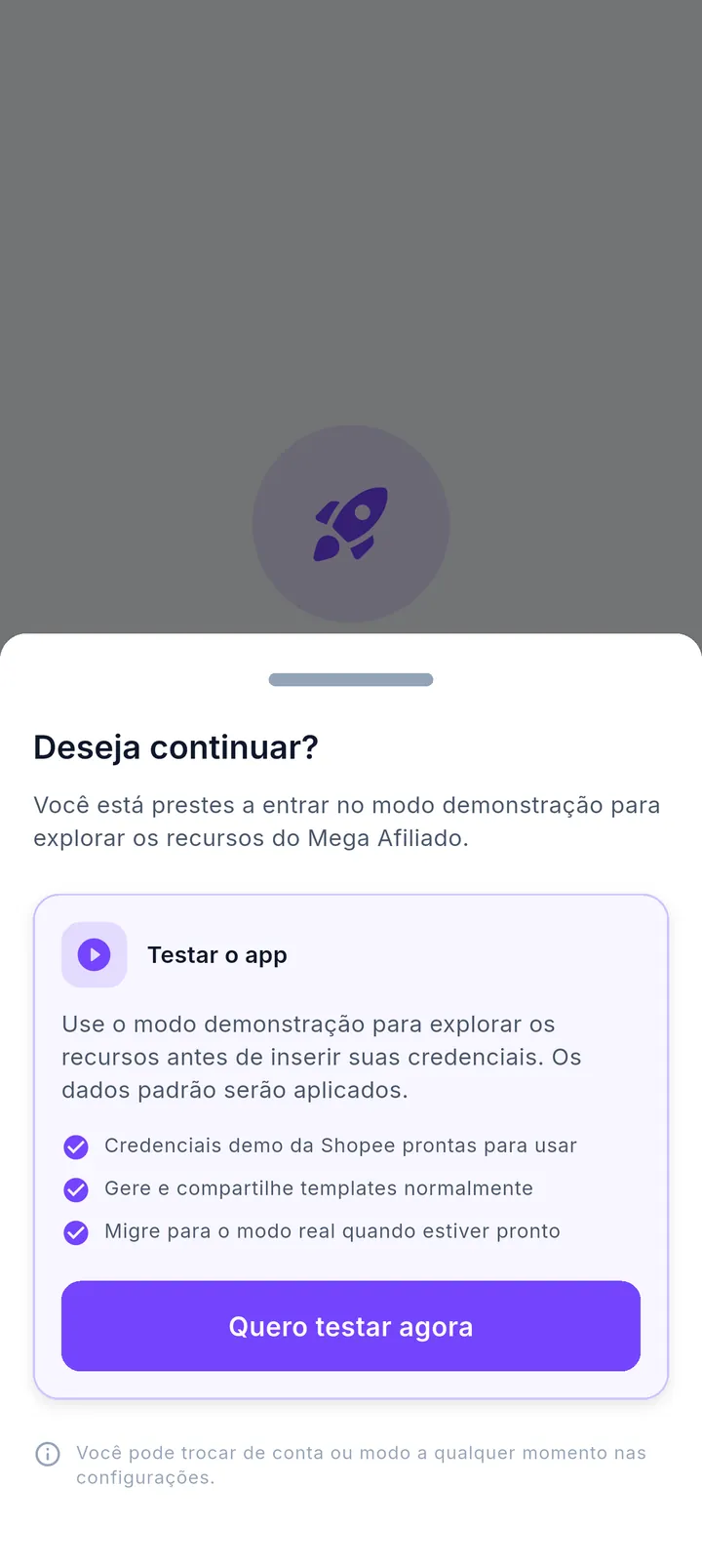 Modal de confirmação do modo demonstração com o botão Quero testar agora