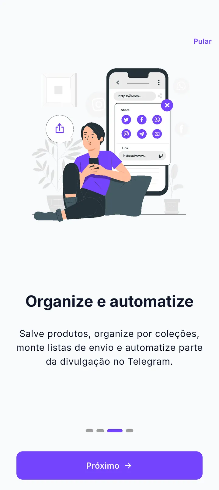 Onboarding, tela 3: Organize e automatize