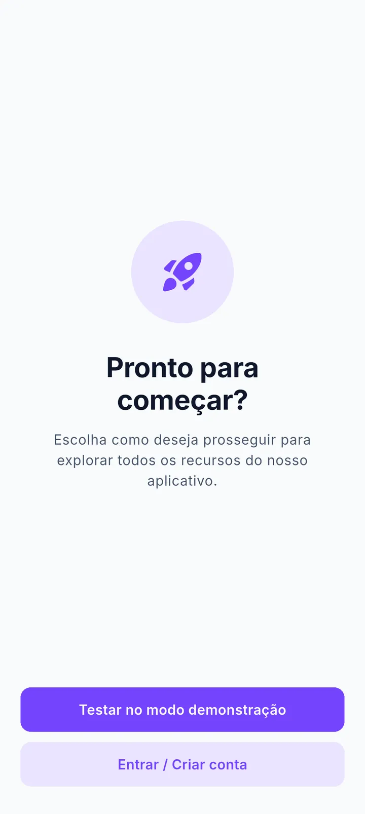Tela final do onboarding com opções de modo demonstração e criação de conta