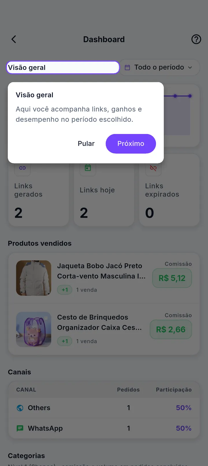 Tour do Dashboard destacando a visão geral