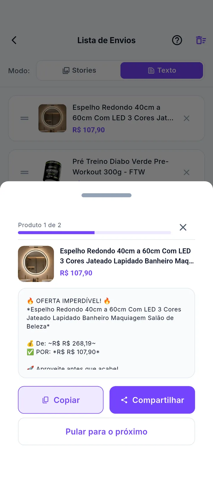 Assistente de envio da fila com texto pronto do produto