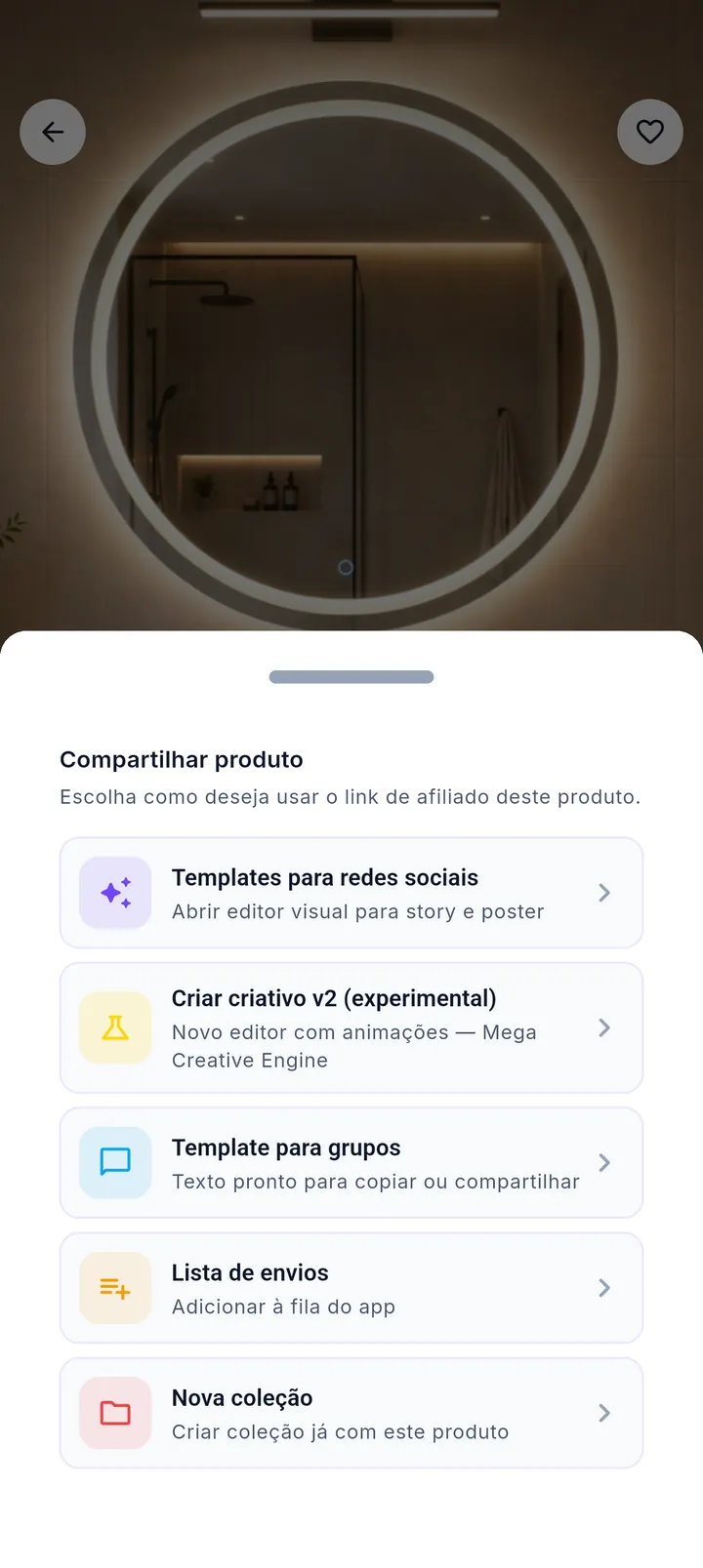 Opções de compartilhamento do produto com templates visuais e texto