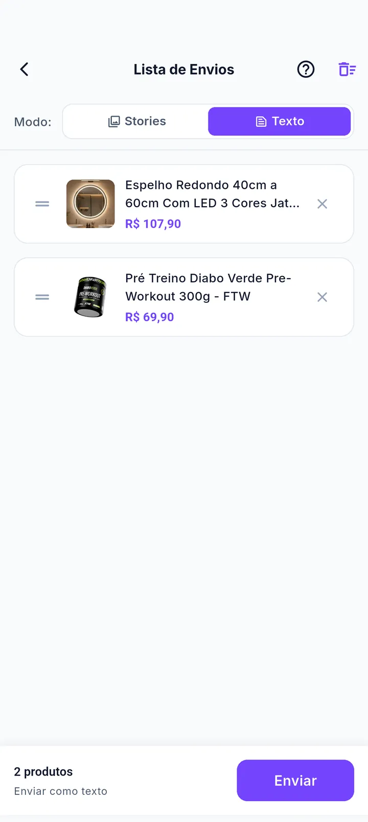 Lista de Envios no modo texto com dois produtos e botão Enviar