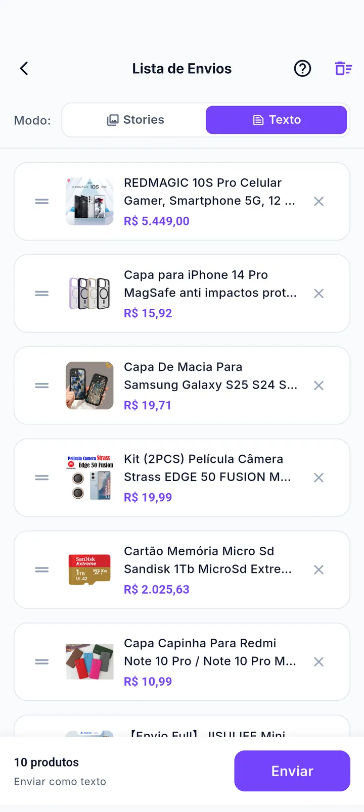 Lista de envios preenchida automaticamente com 10 produtos