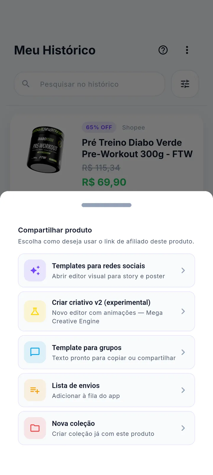 Opções de compartilhamento abertas a partir de um item do histórico