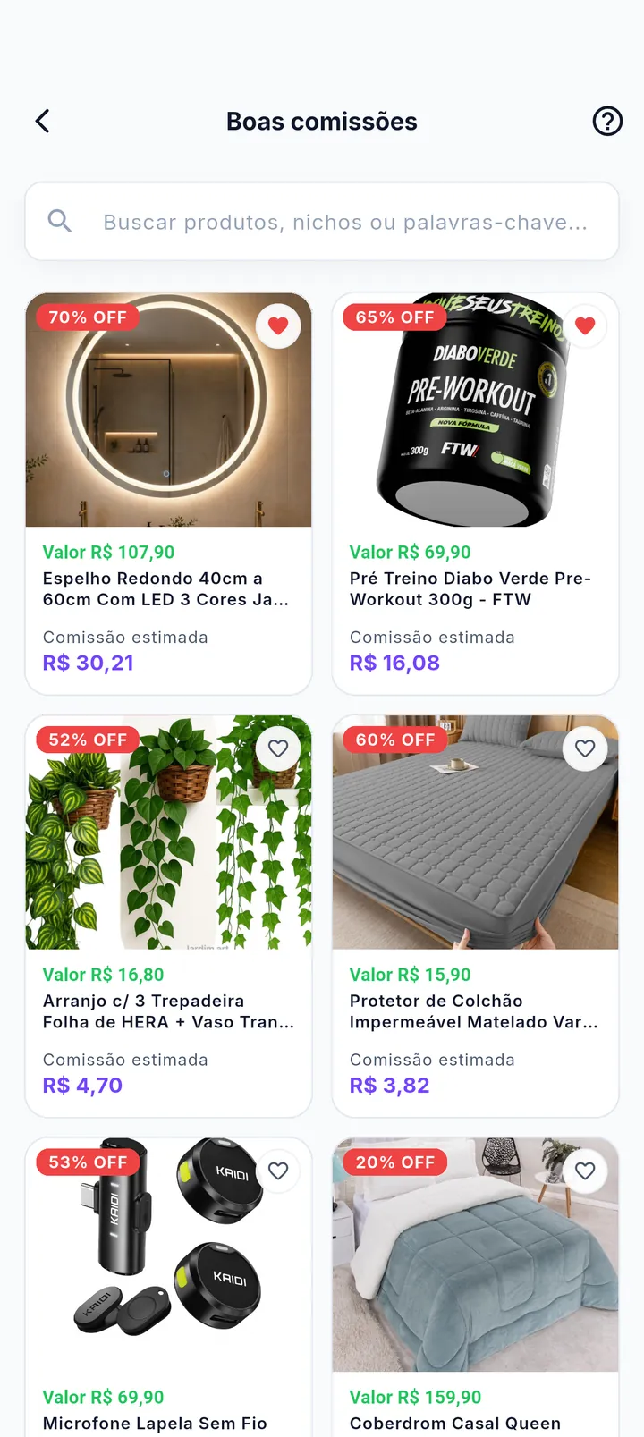 Vitrine Boas comissões com grade completa de produtos