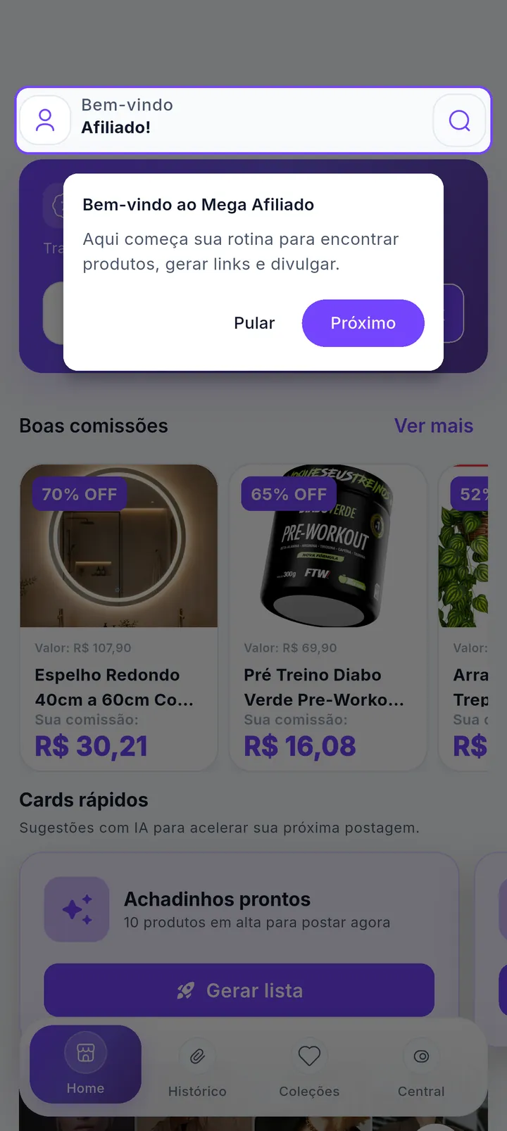 Tour guiado da Home com a mensagem Bem-vindo ao Mega Afiliado
