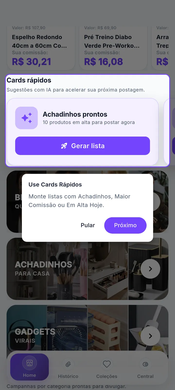 Tour destacando os cards rápidos com o botão Gerar lista
