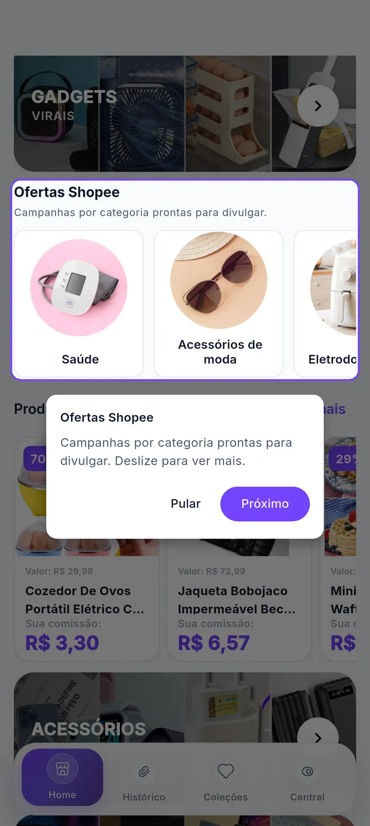 Tour destacando a seção Ofertas Shopee com campanhas por categoria