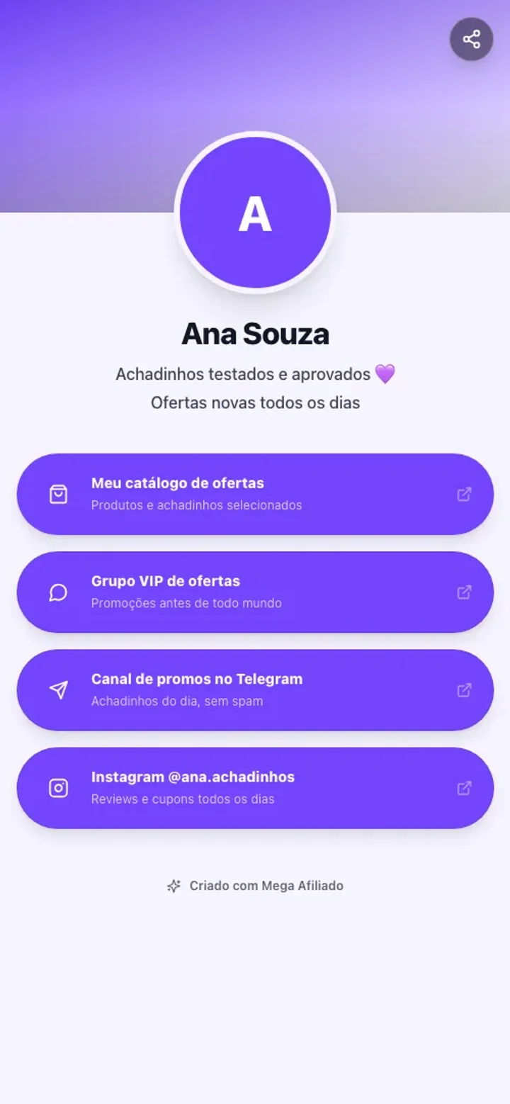 Página pública do Mega Bio com avatar, apresentação, catálogo e links de WhatsApp, Telegram e Instagram