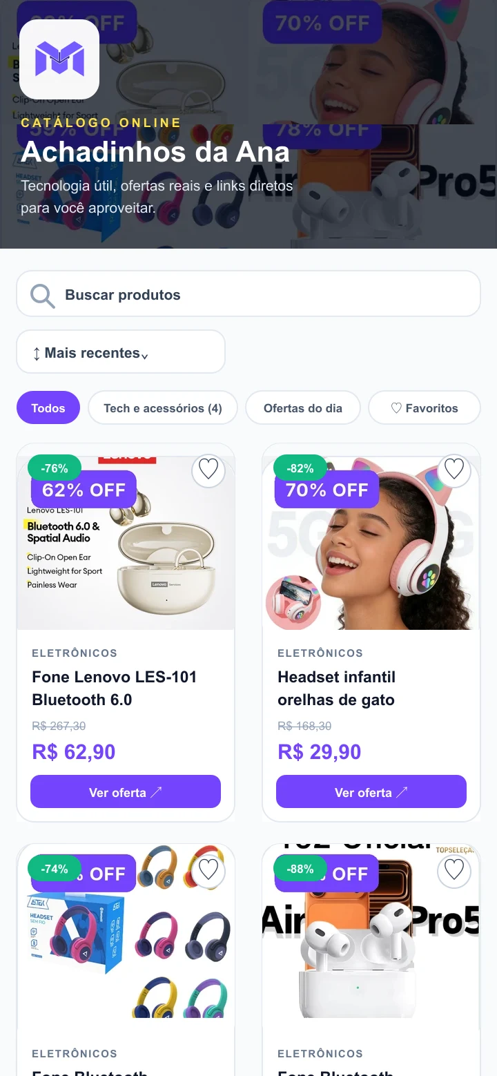 Página pública do catálogo online com produtos, coleções e busca